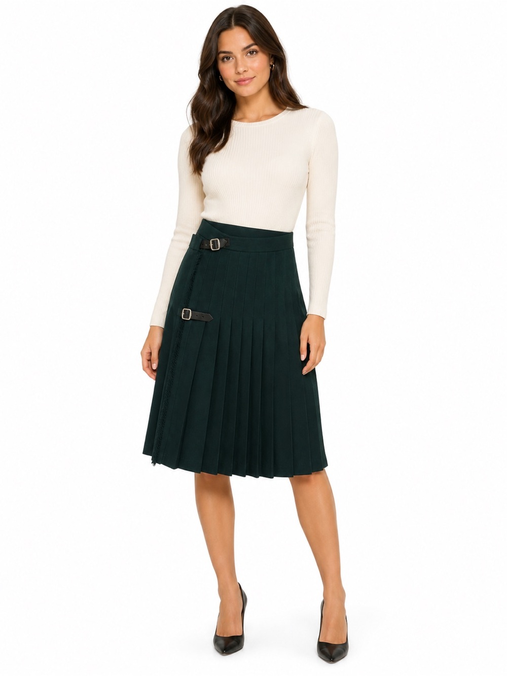 Vintage Strathmore Scotland Green Wool Pleated Kilt Skirt Leather Buckles